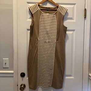 Elegant Tan and White Striped Dress